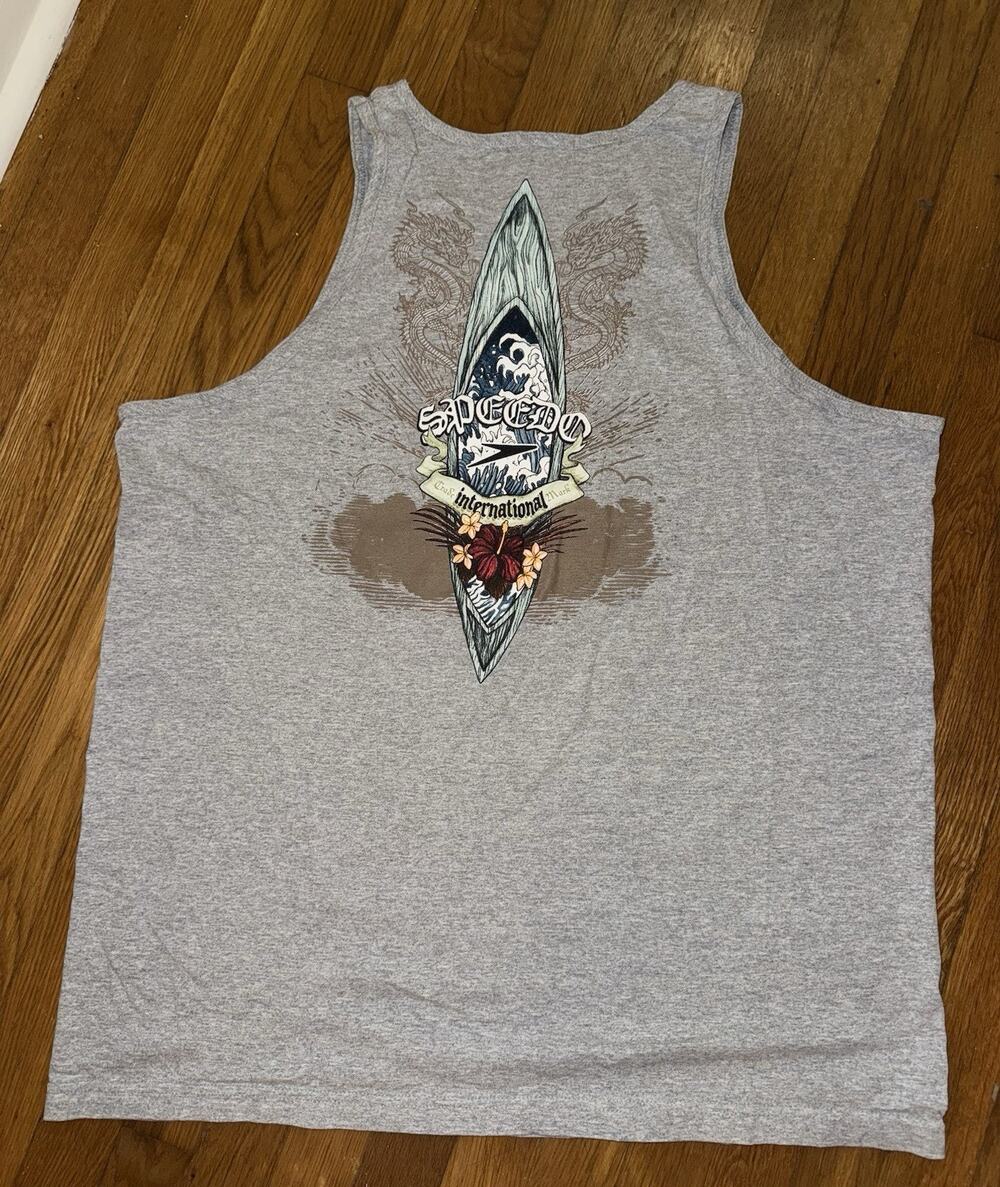 Speedo Men’s Grey Tank Top Y2K Surfboard Graphic 00s Dragons XXL